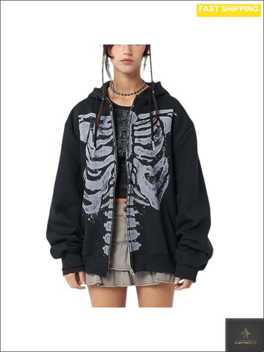 Y2k Zip Up Hoodie Oversized Skeleton Graphic Aesthetic Vintage Gothic Grunge